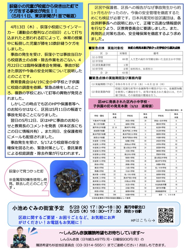 小池めぐみといっしょに笑おうNo.28
2枚目
荻窪小の児童が校庭から突き出た釘でケガをする事故が発生。