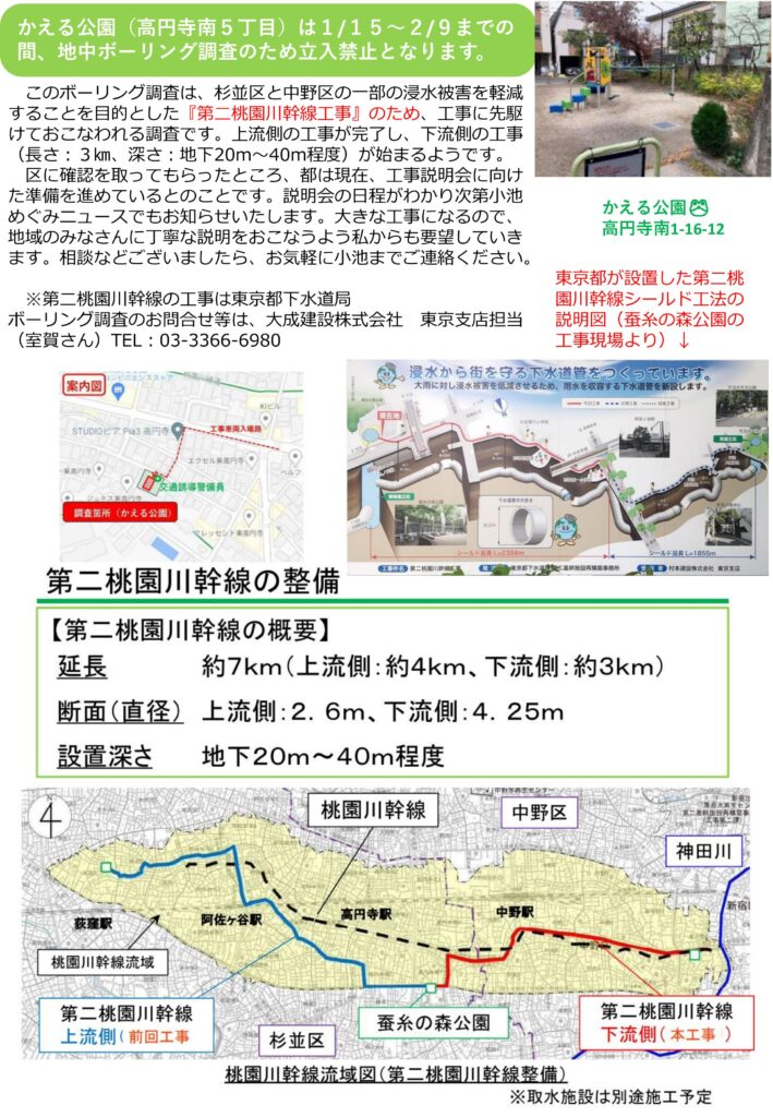 小池めぐみといっしょに笑おう No.48 2枚目
かえる公園（高円寺南5丁目）は1月5日から2月9日までの間、地中ボーリング調査のため立入り禁止となります。