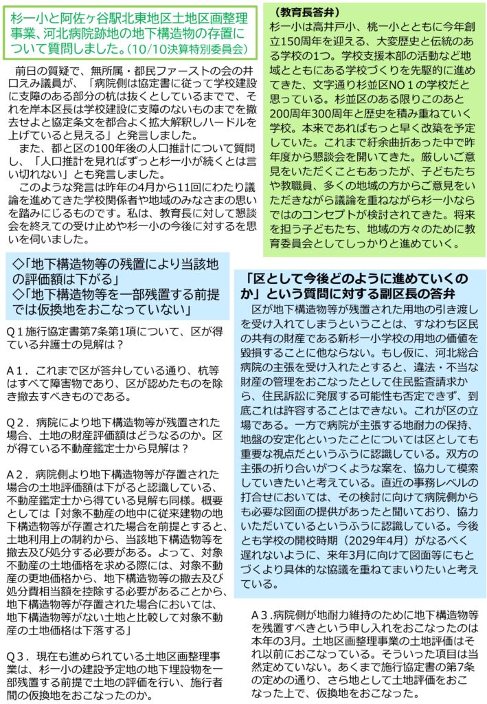小池めぐみといっしょに笑おう No.94 2枚目
杉一小と阿佐ヶ谷駅北東地区土地区画整理事業、河北病院跡地の地下構造物の存置について質問しました。